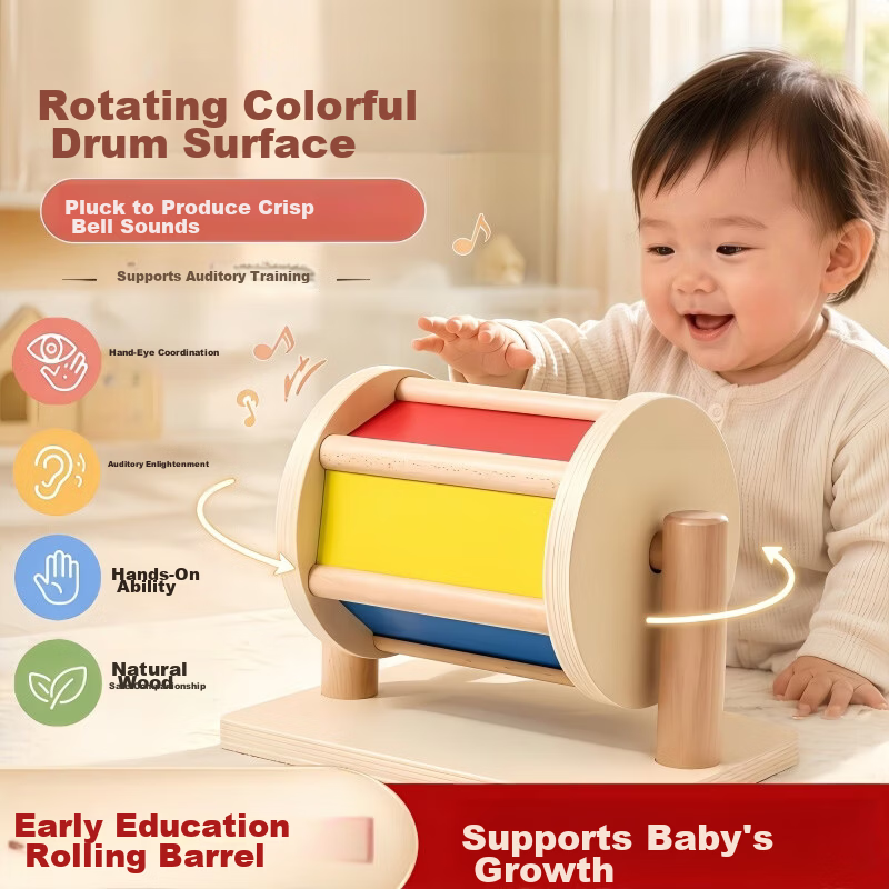 Little Elephant Dancing Textile Drum Montessori Early Education Toy Baby Rainbow Solid Wood Educational Drum 0-3 Years Wooden Rotating Drum Roller Teaching Aid