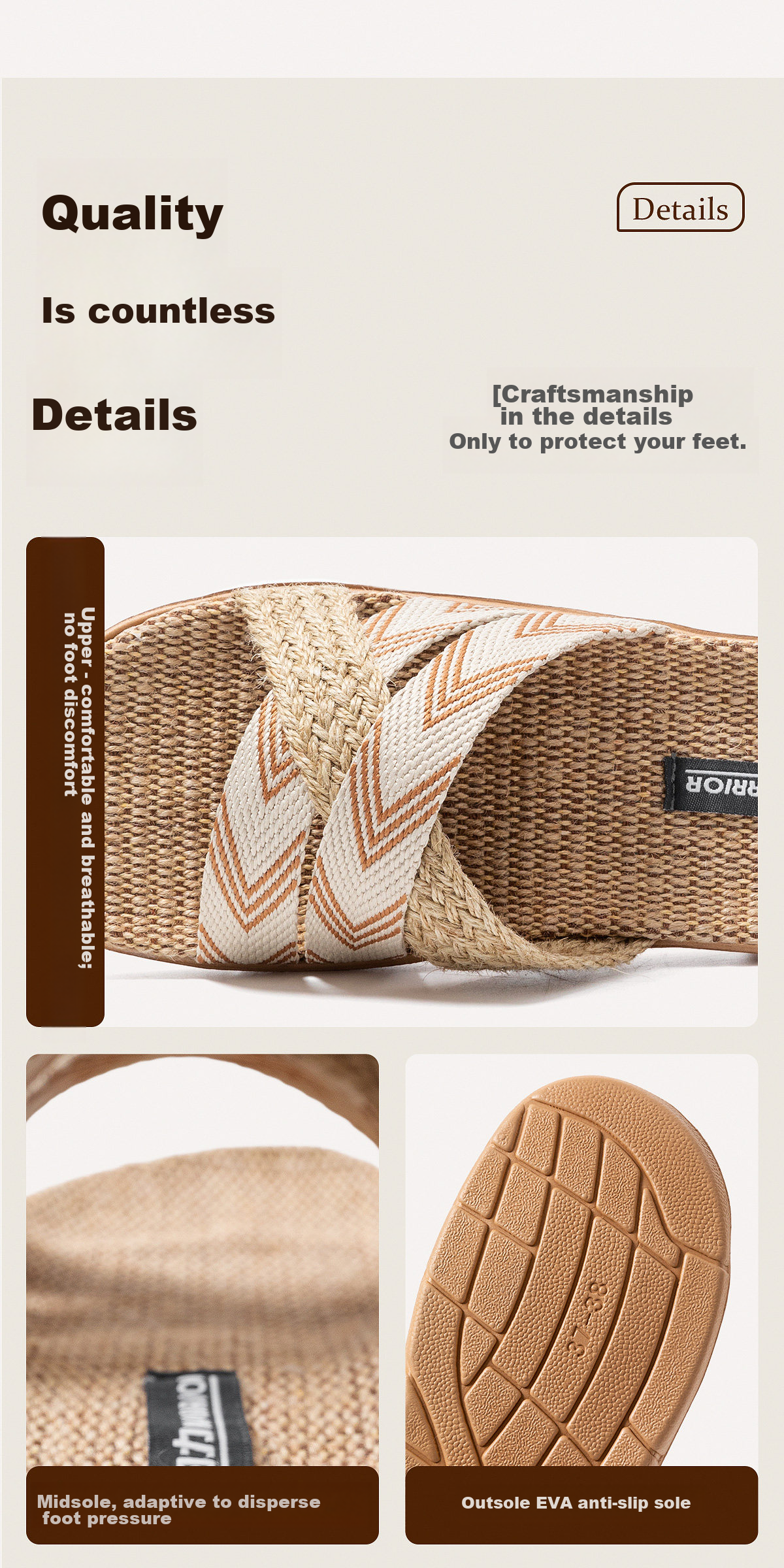 Warrior Linen Women's Indoor Non-Slip Breathable Odor-Resistant Floor Slippers 0229 Khaki Size 35-36 8