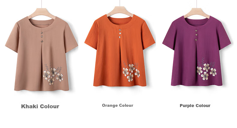 Fengxiao Middle-aged and Elderly Women's Summer Short Sleeve Loose Cotton Silk Top Set for Grandma 6