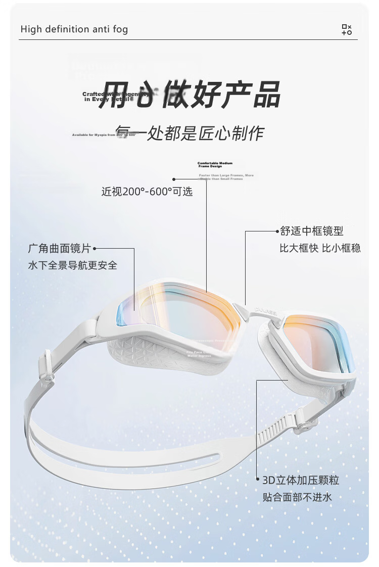 PULASSI Swimming Goggles for Men and Women, Professional Racing, HD Anti-Fog Waterproof, Prescription Training, 200° View 3