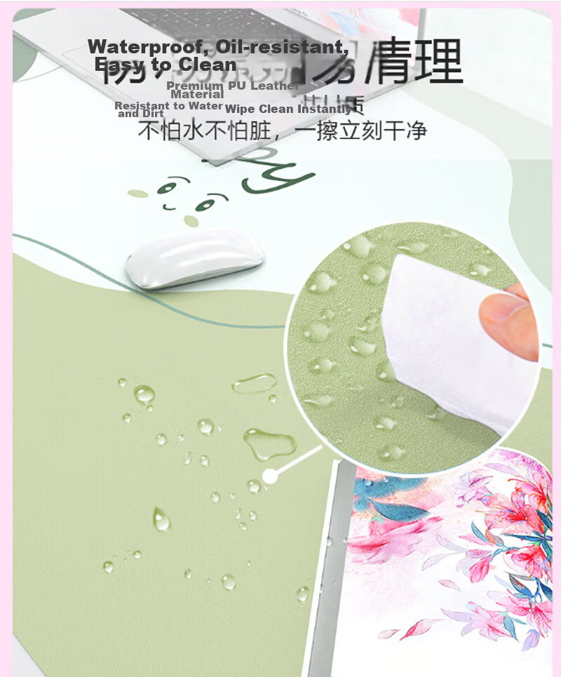 Juyingfeng Large Leather Mouse Pad Odorless Waterproof Oil-Resistant Wash-Free Dining Mat Luxury Minimalist Ins Style Custom Printed Desk Pad 900*420*2mm Milk Powder Small Flower 6