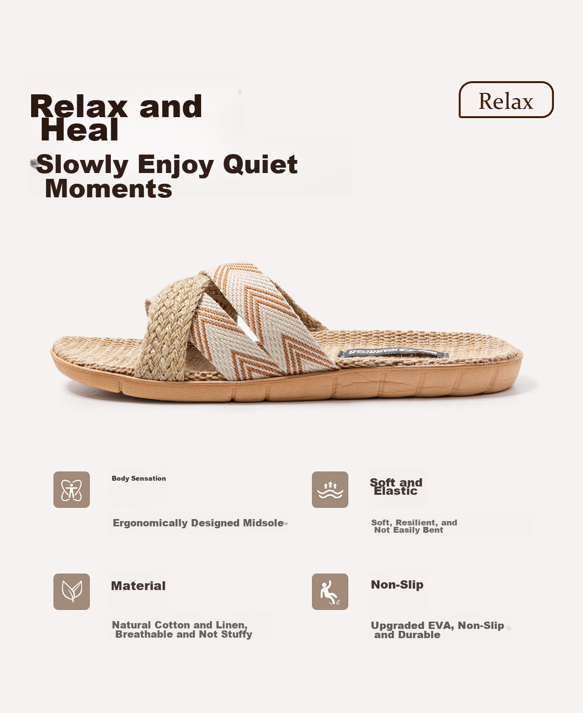 Warrior Linen Women's Indoor Non-Slip Breathable Odor-Resistant Floor Slippers 0229 Khaki Size 35-36 2