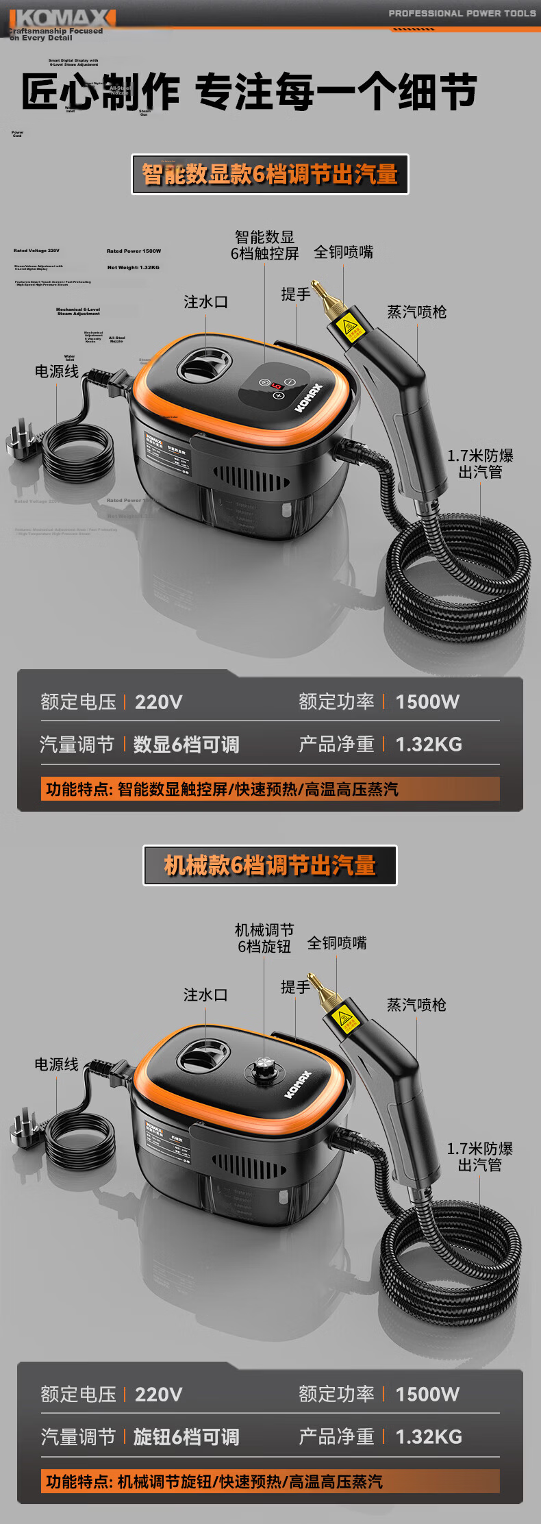 Comas Home Steam Cleaner High-Temperature High-Pressure Car Wash Gun Professional Portable Cleaner for Air Conditioner Appliances Kitchen Range Hood 15