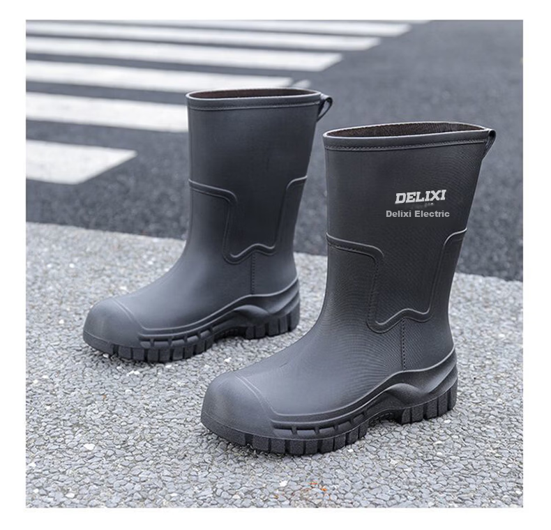 Delixi Electric Fashion Women's Rain Boots Black Mid-Calf 25CM Adult PVC Waterproof Slip-Resistant Durable Water Shoes 15