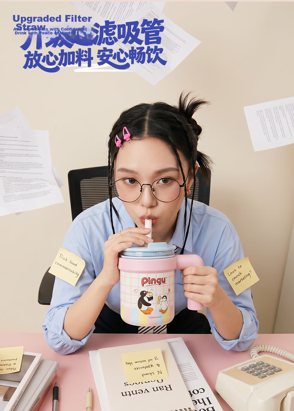 Germ Pingu Penguin Glass Liner Insulated Straw Water Bottle for Women High-Value Coffee Cup Double-Liner 490ML Cone Design 11