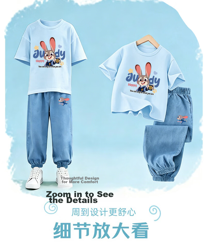 Disney Girls Summer Outfit Short Sleeve Tencel Jeans Judy Officer Blue + Bunny Running Light Blue 120 10
