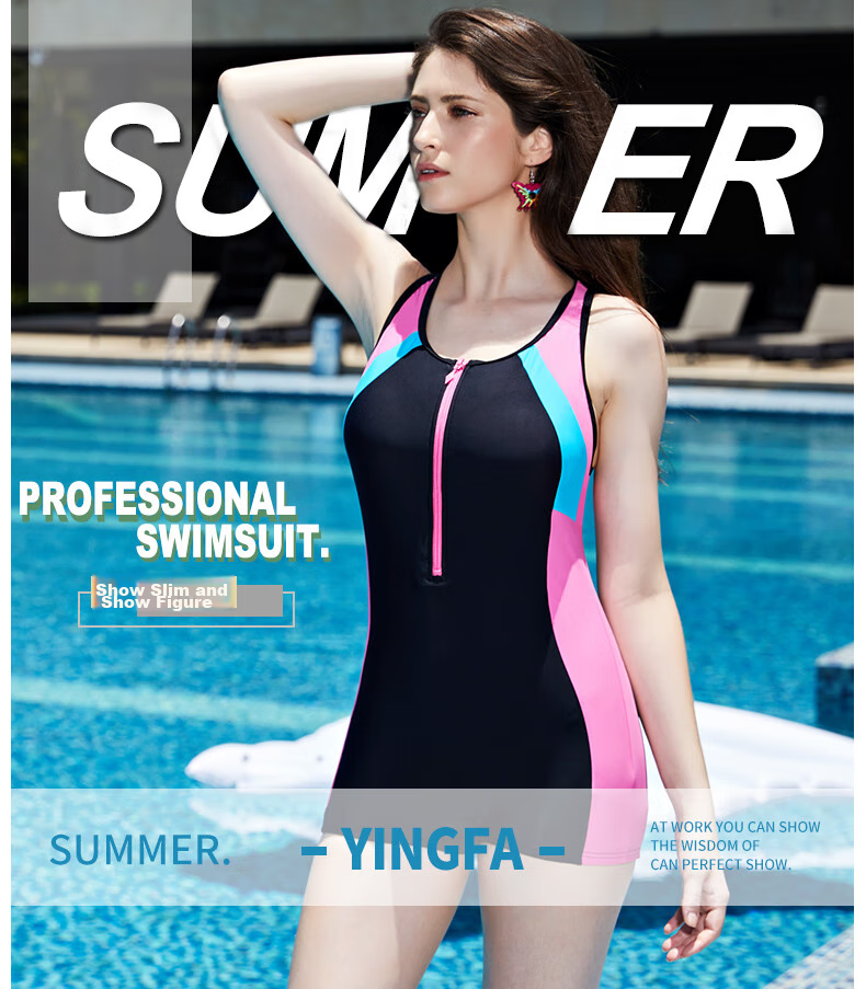 YINGFA Casual Boyshort Swimsuit for Women, Solid Color Patchwork Zipper Slim-Fit Athletic One-Piece Swimwear for Hot Springs And Sports 1