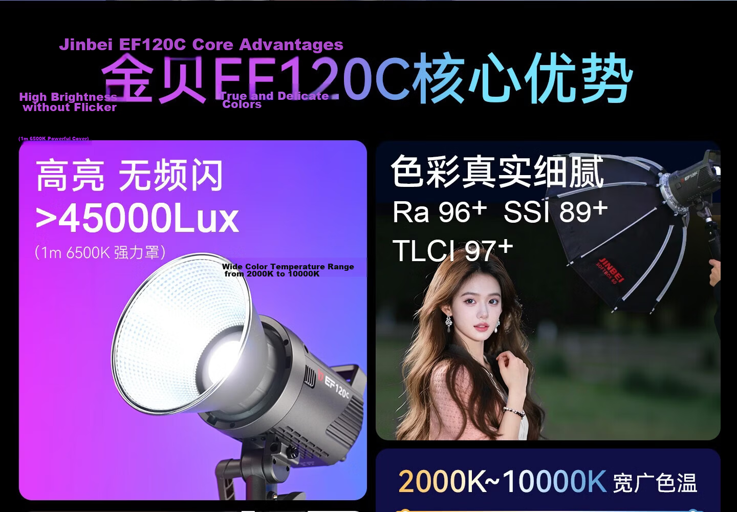 JINBEI EF120W Live Streaming Fill Light Beauty Soft Light Portable Indoor Outdoor Photography Video Lighting Studio Portrait Makeup Hair Light COB Continuous Film Light 3
