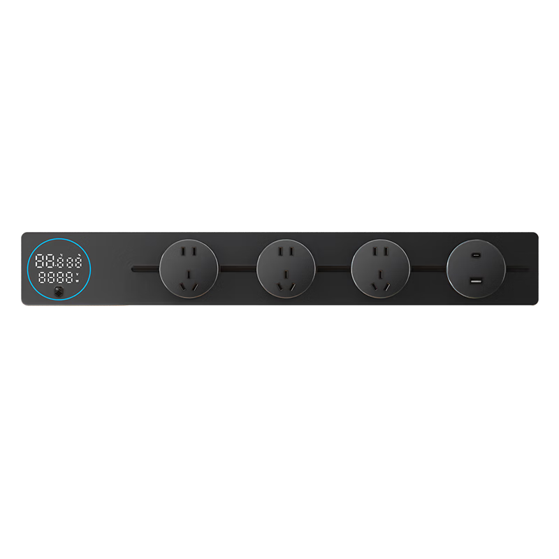 International Electric Ultra-Thin Track Socket Smart Display Sensor Light Strip Track Power Strip Tempered Glass Waterproof Integrated Sliding Track Socket Sideboard Guide Rail Socket 80cm Black