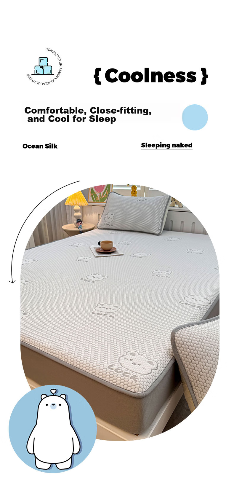 Grace Class A Summer Cooling Ice Bead Mat Fitted Sheet Single Double Household Washable 1.5*2M Bear Gray 2