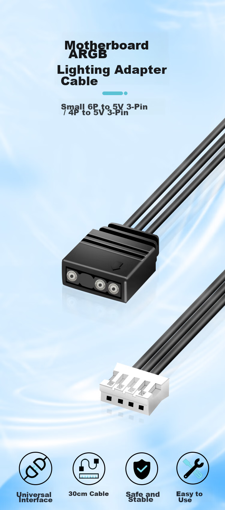 ZHENWEI Motherboard ARGB Lighting Adapter Cable 4P to 5V 3-Pin 30cm 1
