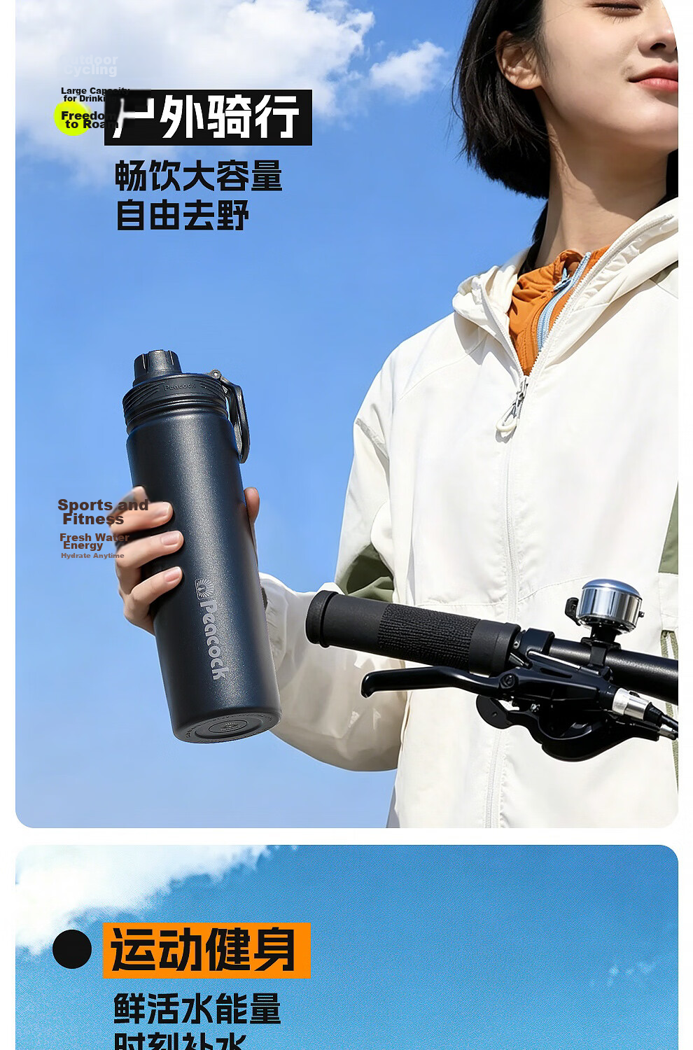 Peacock Sports Water Bottle 316 Stainless Steel Outdoor Portable Large Capacity Water Bottle Black 700ml 15
