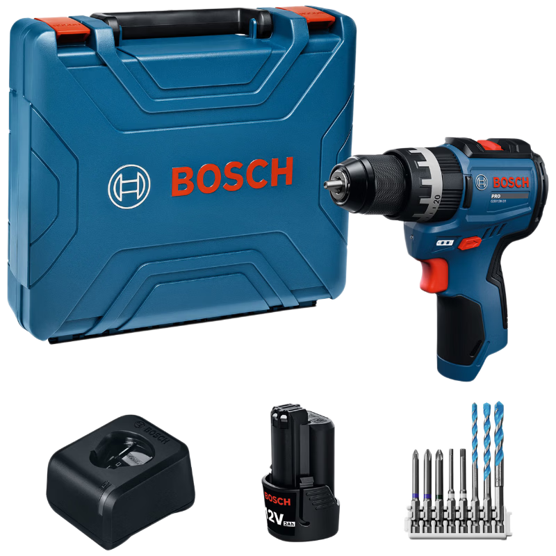 BOSCH 12V Lithium Cordless Impact Drill GSB12V-31 with 2.0Ah Battery, Multi-Function 8-Piece Kit