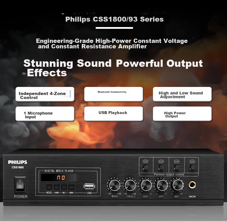 PHILIPS 5-Inch Ceiling Mounted Constant Voltage Speaker, Embedded Background Music Sound System for Mall, Campus, Store, Public Broadcasting, Four-Zone Amplifier + 2 x 5-Inch Speakers 15