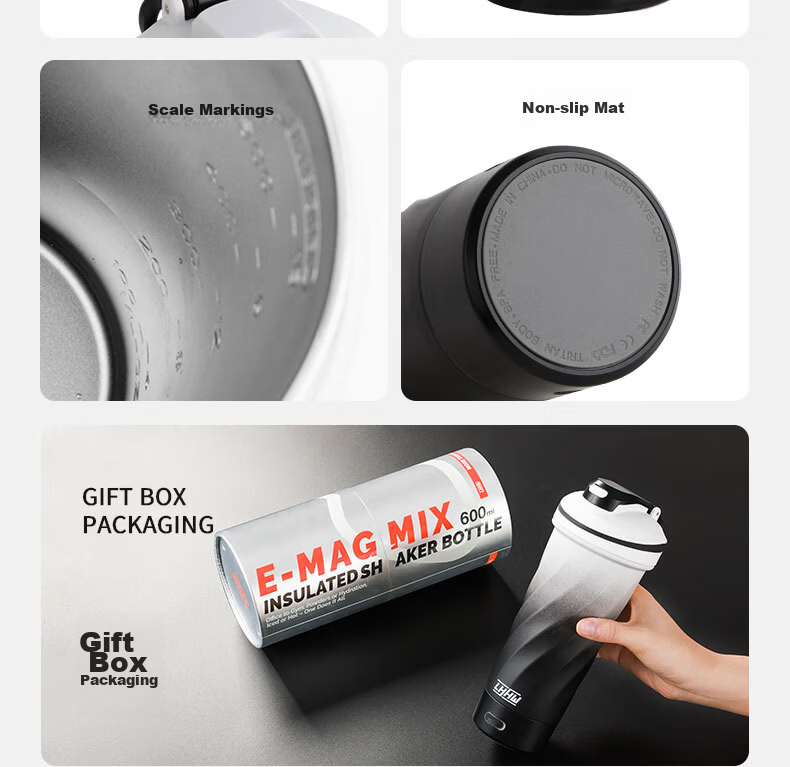 LHHW Luhanwei Magnetic Insulated Stirring Cup Stainless Steel Protein Powder Automatic Shaker Sports Water Bottle Power Black 15