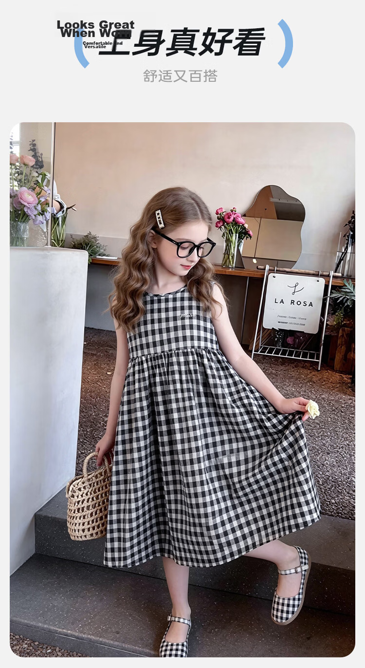 Disney Girls Premium Plaid Sleeveless Dress Summer Big Kids Loose Flared A-Line Long Dress Black and White Plaid 130cm 7