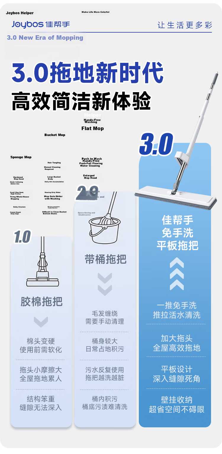 Jiabangshou 42cm Flat Mop with 3 Cloths Household Hands-Free Washing New 2026 Lazy Floor Cleaning Tool 5