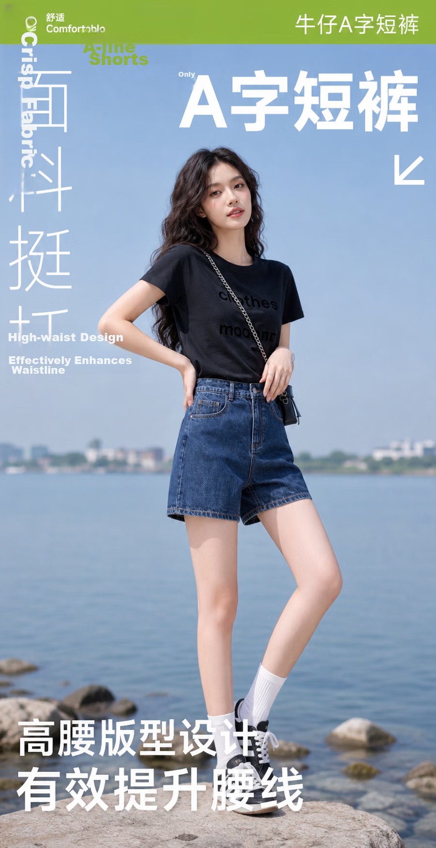 Baleno S&K Women's Summer Denim Shorts High-Waist Cotton Stretch A-Line Retro Wide-Leg Beach Casual Pants 1