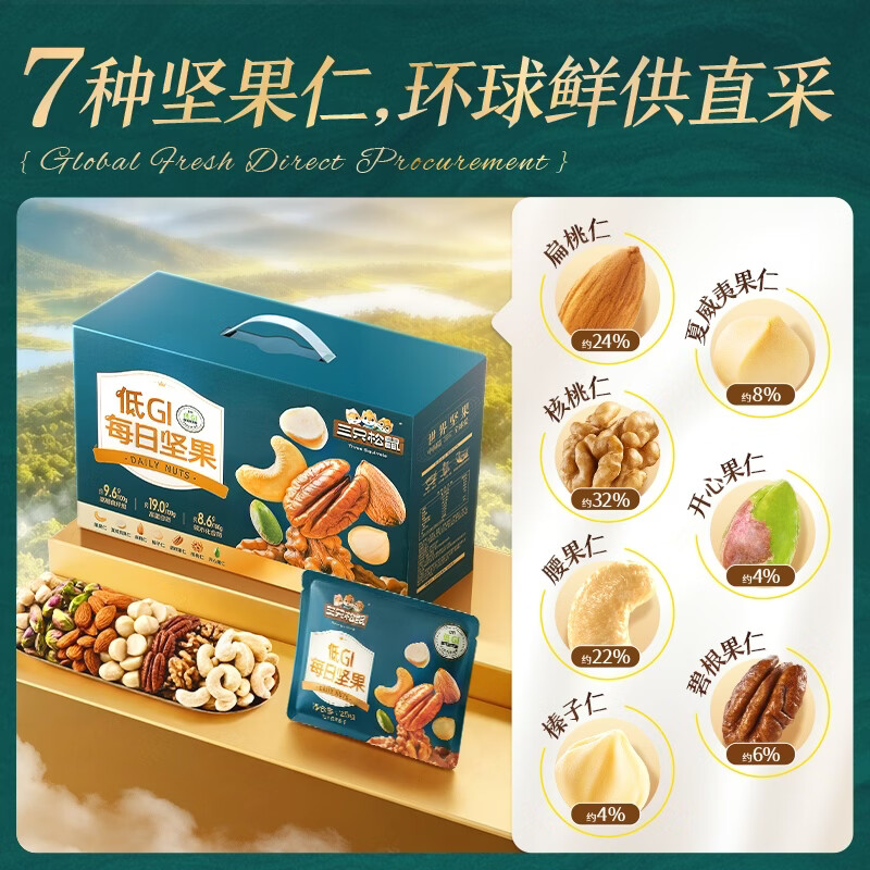三只松鼠低GI每日纯坚果750g/30袋腰果开心果坚果礼盒礼包中秋团购送礼