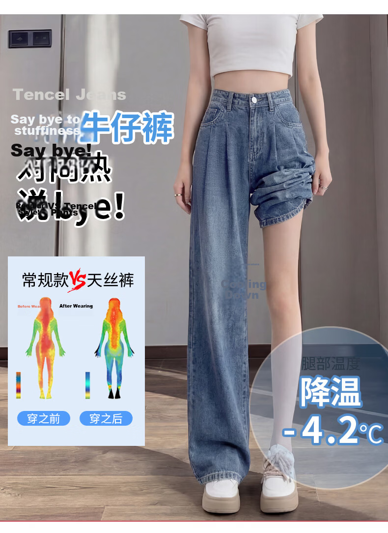 Jeanswest Women's Tencel Jeans 2026 Summer Thin Lyocell High Waist Loose Draped Slim Ice Silk Deep Vintage S 5