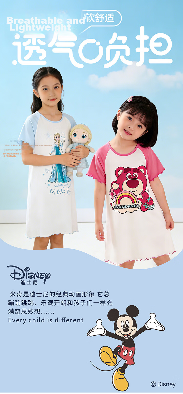 Disney Official Cartoon Summer New Breathable Modal Girls' Princess Home Sleep Dress Strawberry Pattern 1