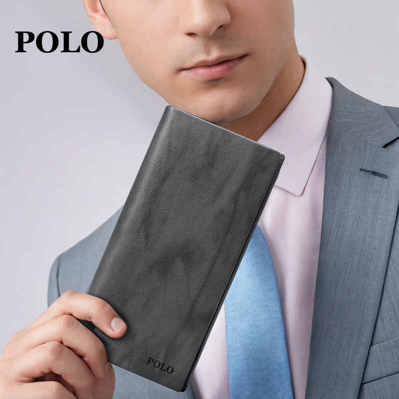 POLO Wallet for Men, Top-Grain Leather Business Card Holder, Simple Coin Purse, Long Wallet with Gift Box, Birthday Present