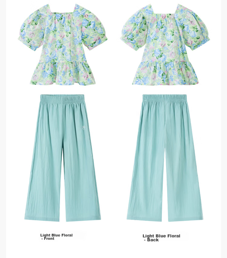 Disney Girls' Short Sleeve T-Shirt Set Summer Floral Cotton Top Two-Piece Light Blue 110 12