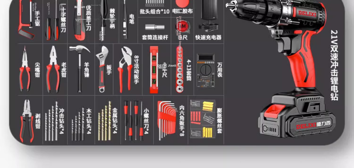 DELIXI ELECTRIC Household Lithium Electric Drill Tool Set Multi-Functional Toolbox for Electricians and Woodworkers Maintenance 20