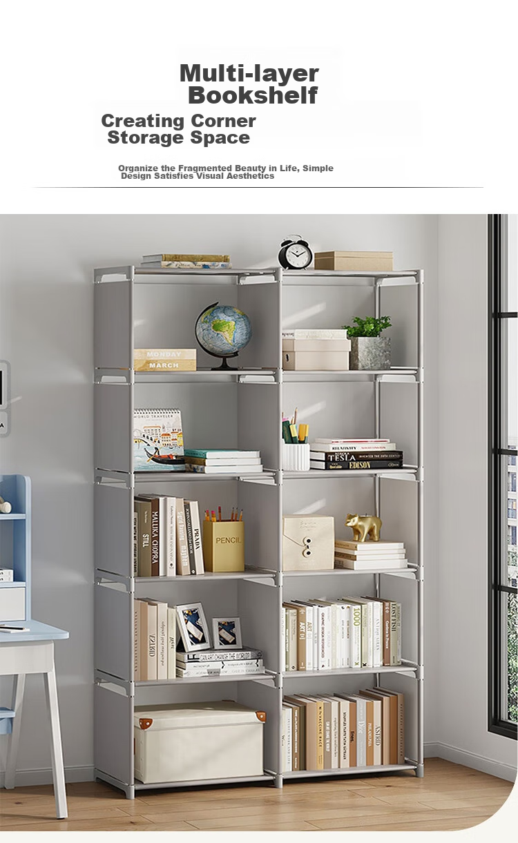 Anerya Simple Bookshelf Floor-Standing Side Table Storage Rack Large Capacity Bookcase with Double Rows of 8 Shelves, Silver Gray Color 9