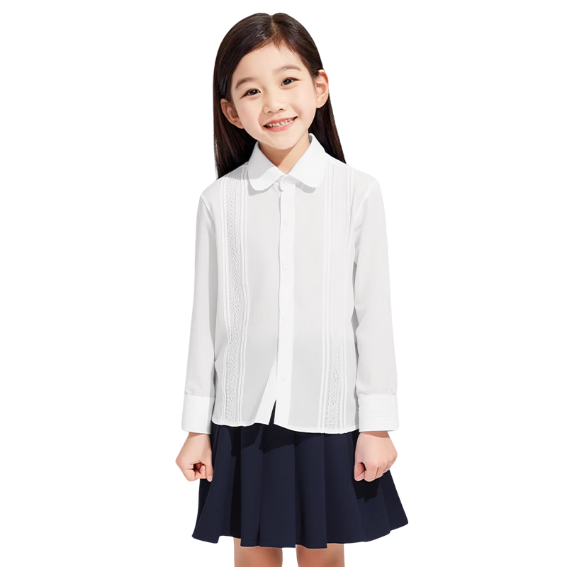 Shanshan Girls' Lace Shirt White Long Sleeve Children's School Uniform Spring Summer Performance Costume White 120
