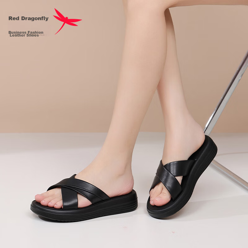 Red Dragonfly Women's Slippers Outdoor Thick Sole Wedge Roman Sandals Soft Leather Flat Sandals WTK251591 Black Size 38