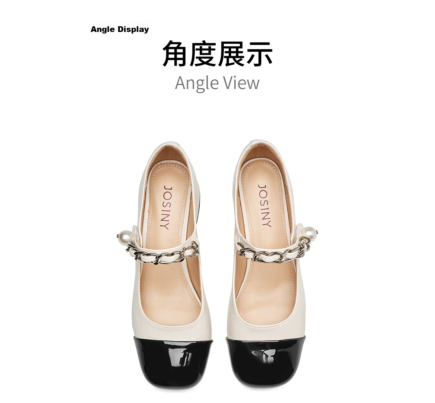 Josiny [Celebrity Style] Little Chanel Style Mary Jane Women's Shoes Spring Round Toe Chunky Heel French Leather Shoes White Size 34 17