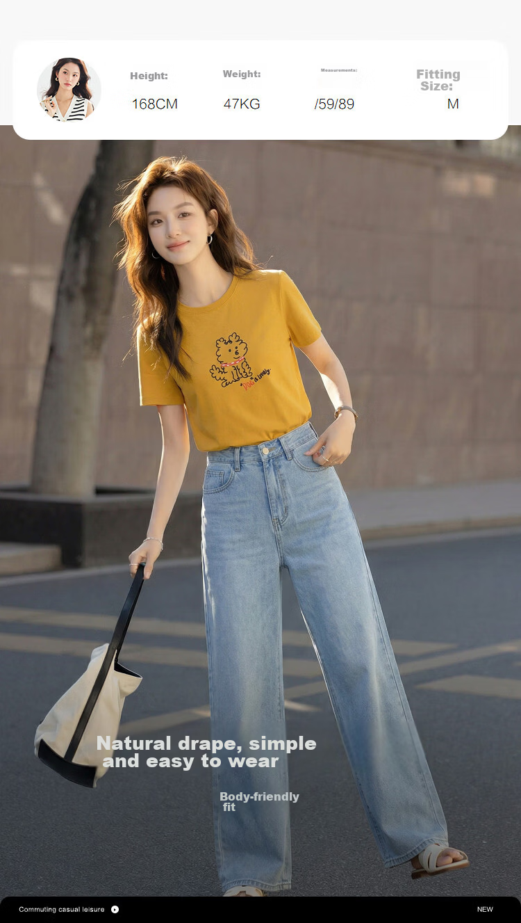 Demana [with Lyocell] Summer Crew Neck Puppy Line Print Short Sleeve High Elastic Slim Fit T-Shirt for Women Premium Feel 18