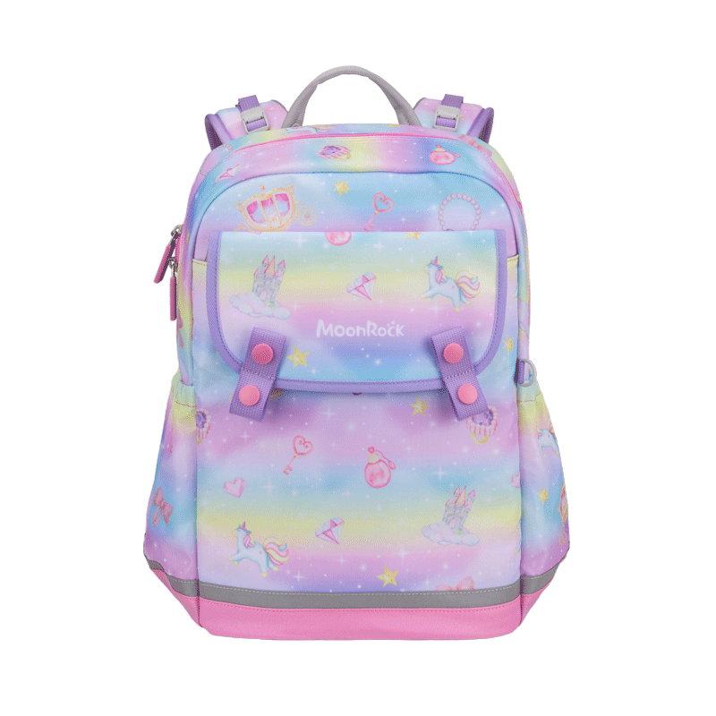 MoonRock Kids Ergonomic Backpack for Grades 1-3 Lightweight Water-Resistant Rainbow Castle - Pink
