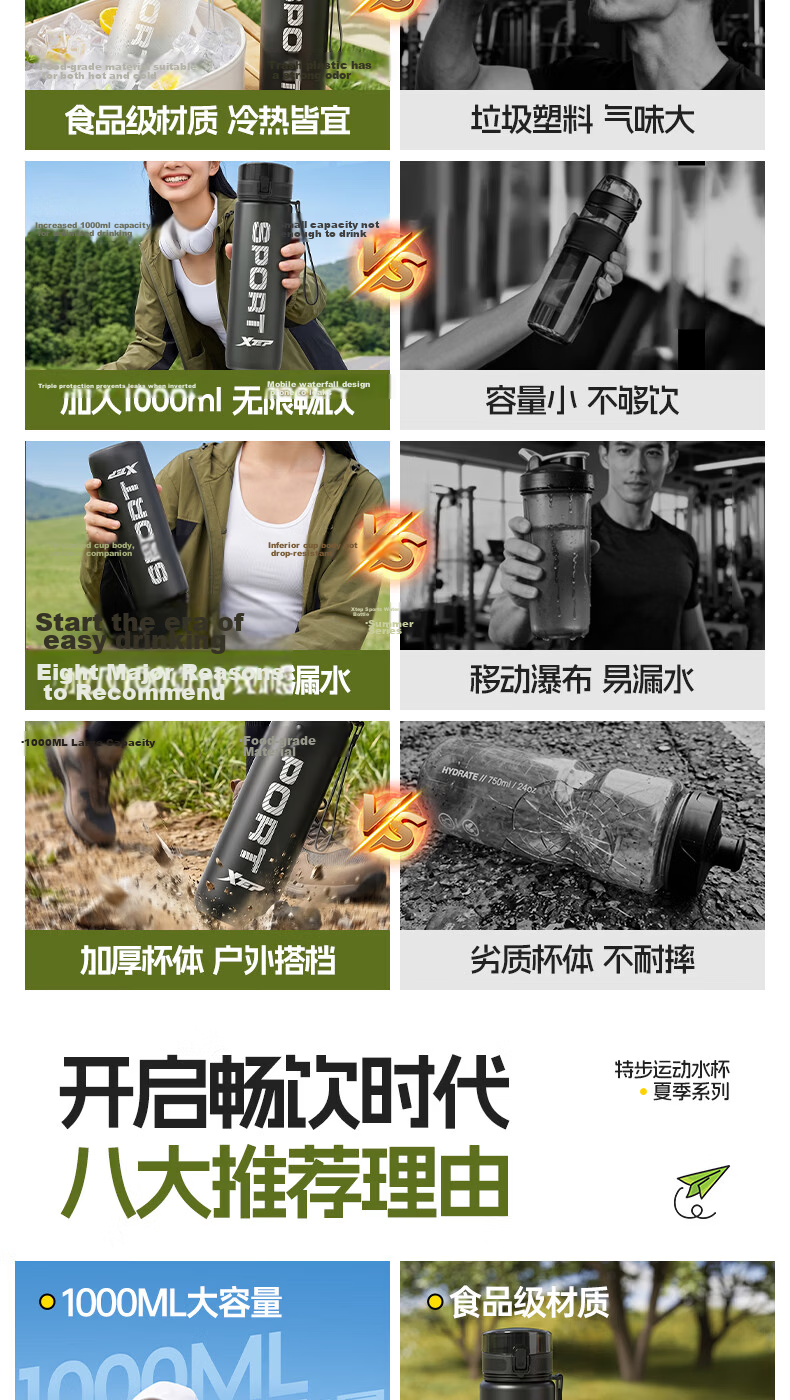 Xtep Sports Water Bottle Large Capacity Student Children School Use Unisex Fitness Portable Bottle High Temperature Resistant Summer Cup 5