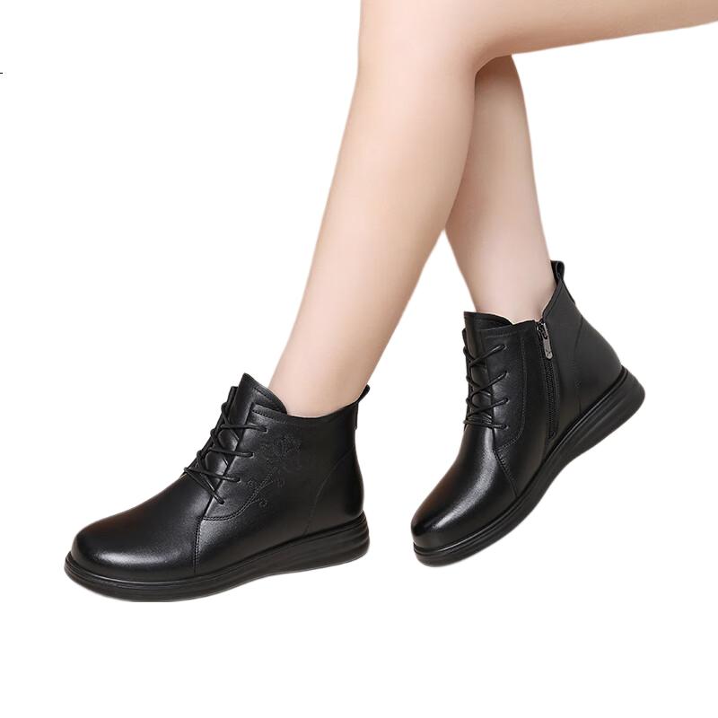 Red Dragonfly Women's Short Boots Autumn Winter Slim Fleece Lined Warm Leather Boots Middle-aged Embroidered Chinese Style Cotton Boots WTC433961R