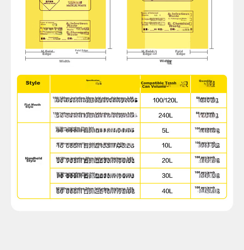 Huixiang JD Industrial Private Label Yellow Medical Waste Bags 33x38cm with 10cm Fold Edge Thickness 3.3S Fits 5L Trash Bin 100pcs/Pack 5
