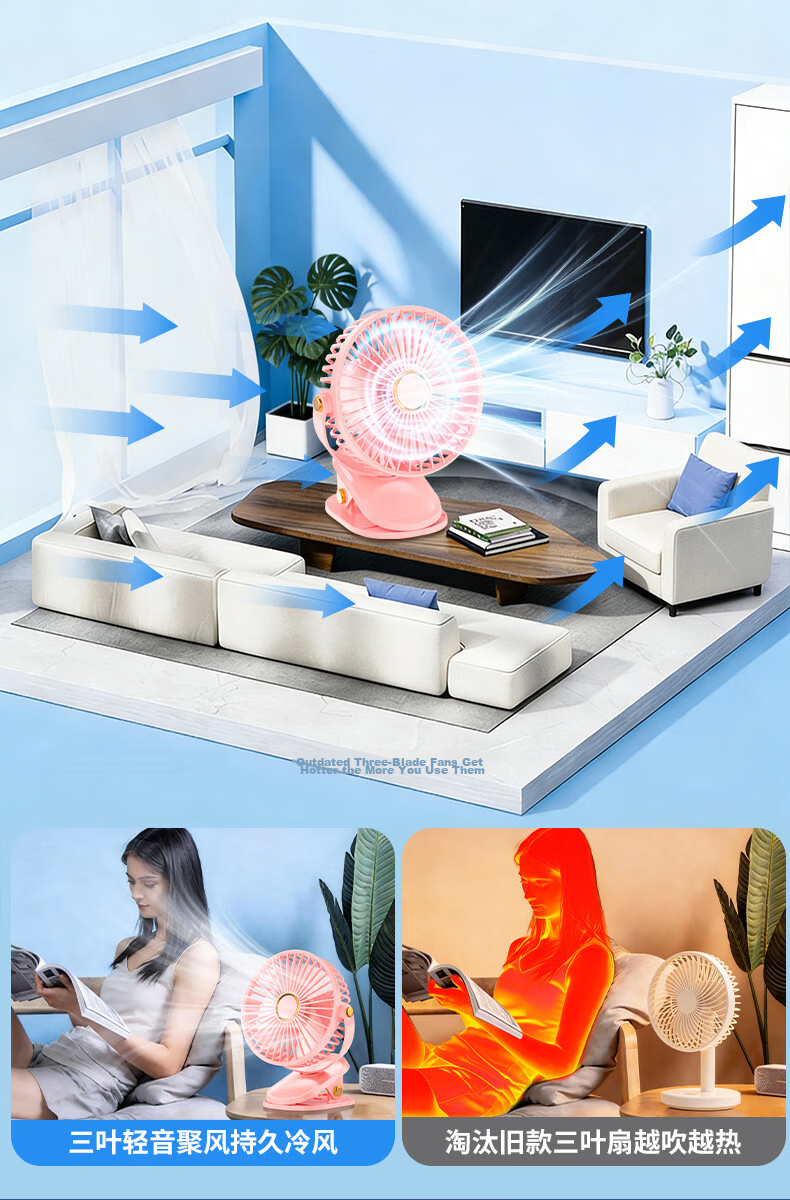 Cobins Desktop Mini Clip Fan Portable USB Rechargeable Small Fan for Students Dorm Bedside Baby Stroller Outdoor Camping Blue 9