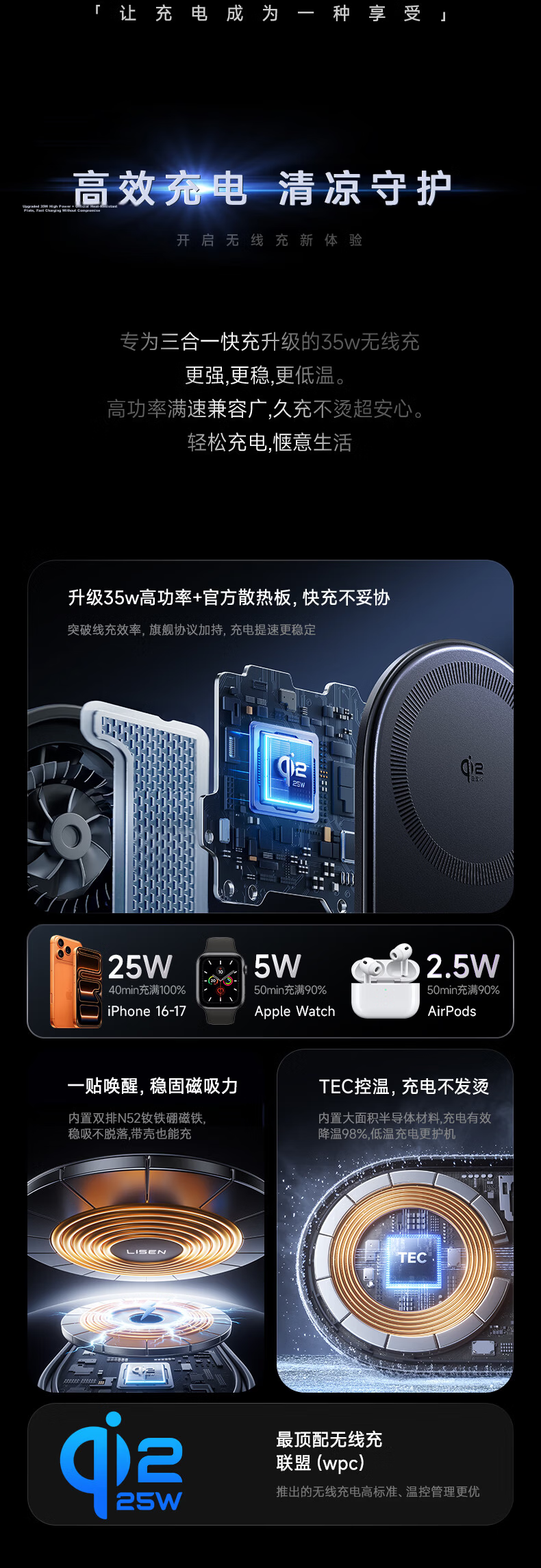 Lisen【Qi2.2 Certified】3-in-1 Wireless Charger with MagSafe 25W Magnetic Charging Stand Base for iPhone 17/16, iWatch, and Earbuds 8