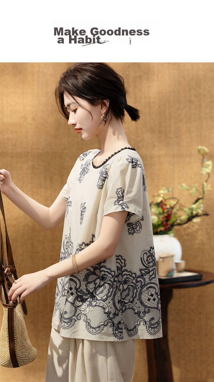Demana [Oxygen Pure Cotton] Summer Elegant Style Round Neck Lace Printed A-Line Slimming Concealing Shirt for Women Premium Feel 1