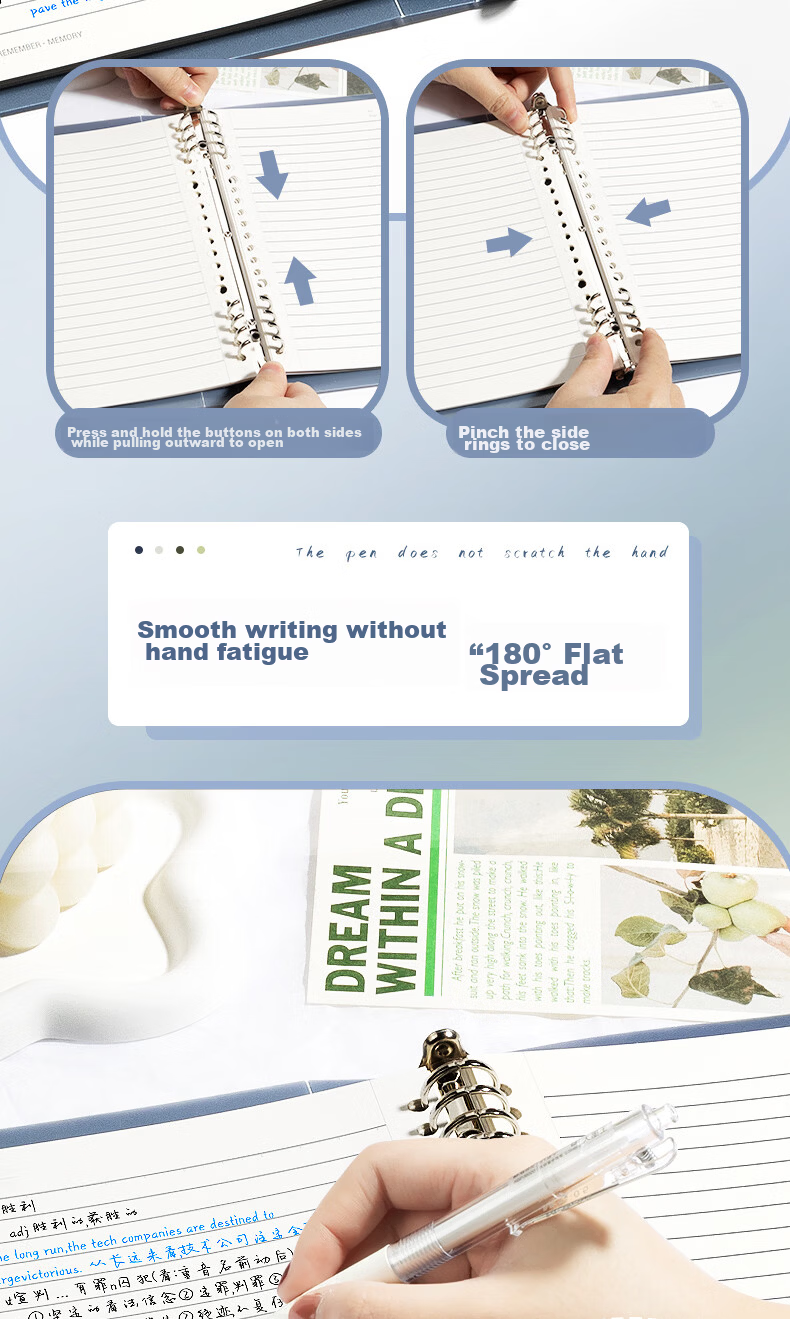 Wengu A5 Notebook Loose-Leaf 51 Sheets Comfortable Iron Clip Simple Detachable 8-Hole Student Stationery Exam Study Journal Iron Clip - Teal BI120(A5)-A 5