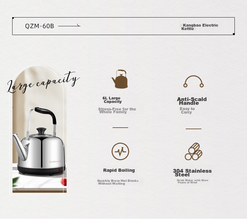 Canbo Electric Kettle 304 Stainless Steel Water Boiler 6L Large Capacity Commercial Hot Water Kettle QZM-60B 3