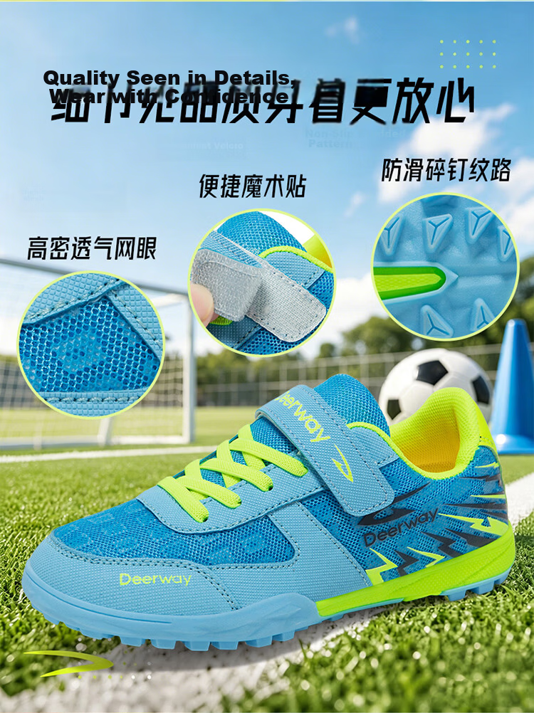DEERWAY Kids Soccer Shoes Summer Mesh Breathable 6-12 Years TF Turf Cleats Boys Training Shoes Black Blue Purple Size 36 4