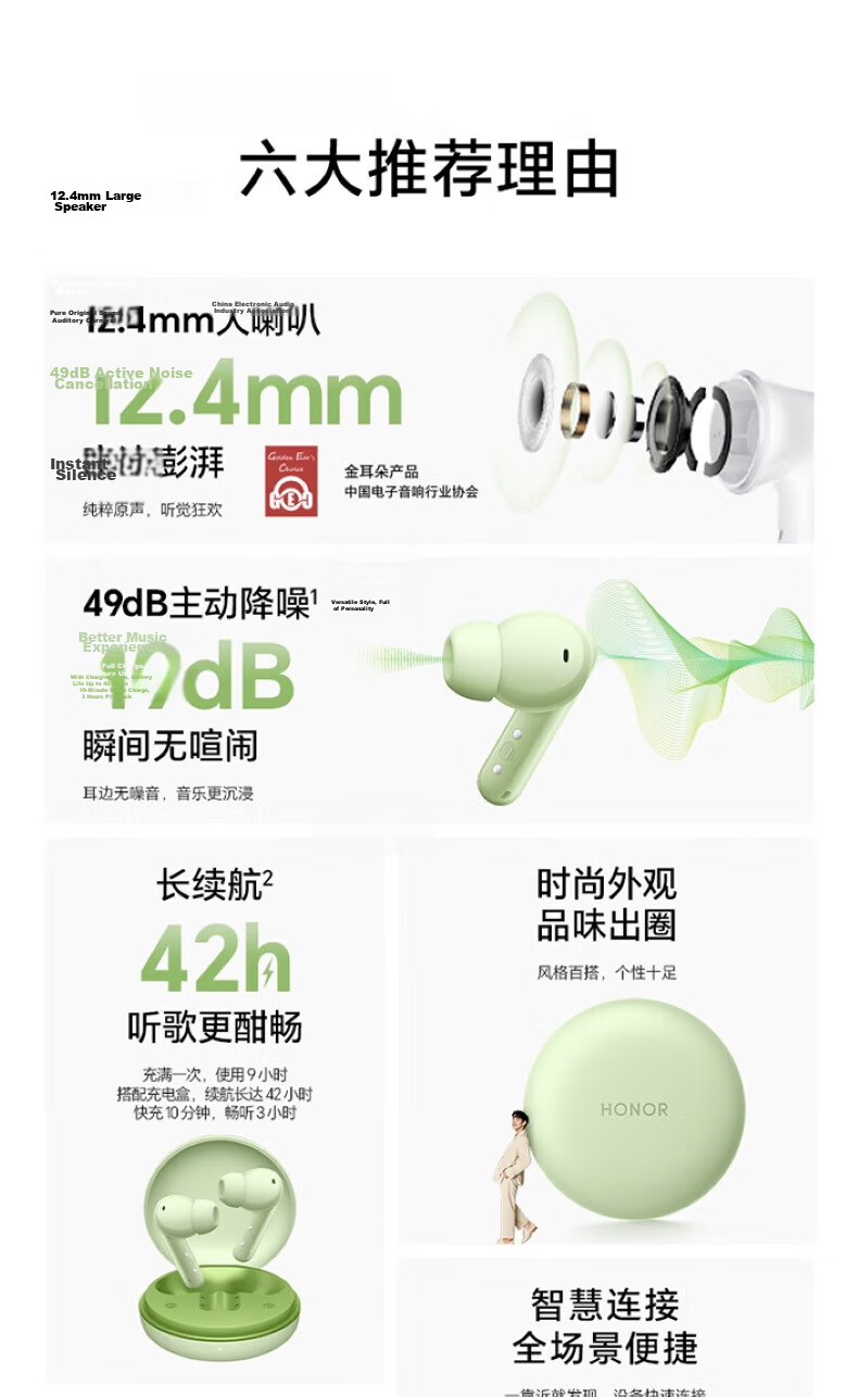 HONOR Earbuds A Pro Wireless Bluetooth Earphones White In-Ear Deep Noise Cancelling High-Quality Sound Sports Music Gaming Compatible with Apple Huawei Includes 1m 6A Data Cable 2