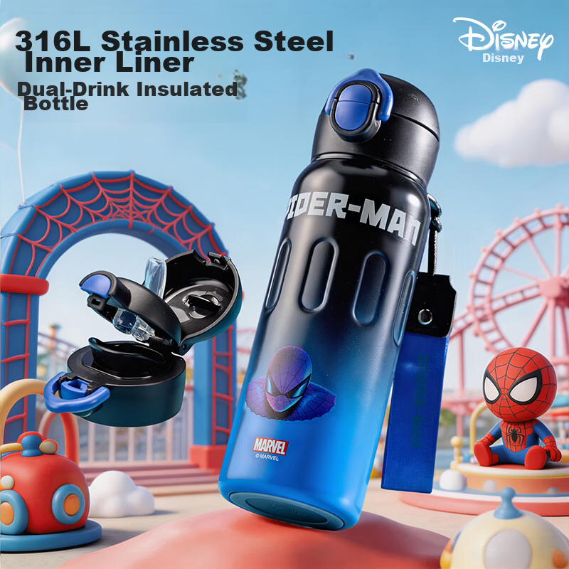 Disney Insulated Kids Double Drinking Cup 316 Stainless Steel Large Capacity Water Bottle with Straw Portable Drinking Cup for Boys and Girls Black