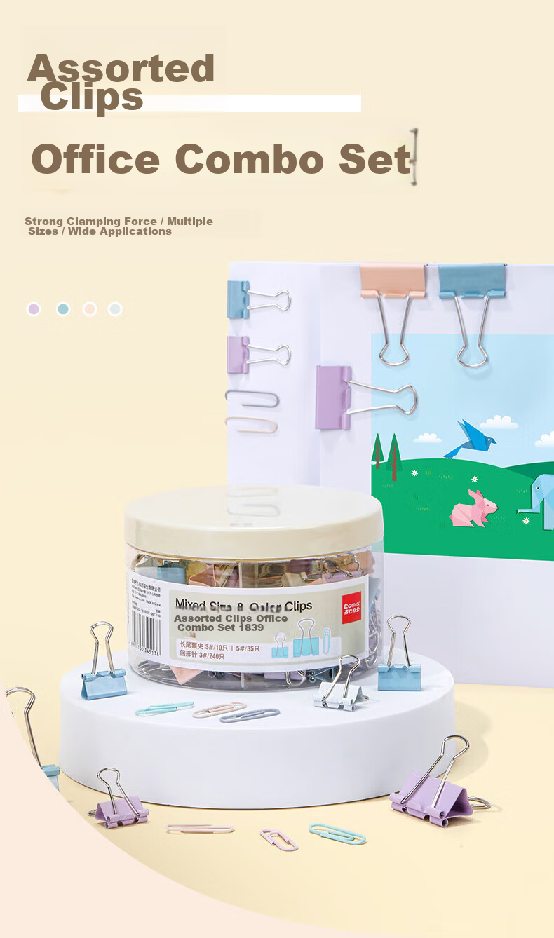 COMIX 3-in-1 Combo Set Long Tail Clips (19mm Small 35pcs, 32mm Medium 10pcs, 240 Paper Clips) Office EB309 1