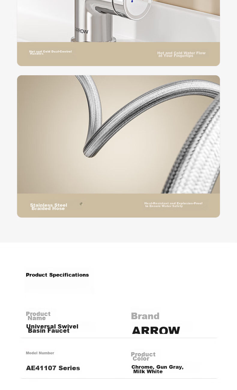 ARROW Off-White Basin Faucet Zinc Alloy Swivel Mechanical Arm Bathroom Hot and Cold Washbasin Tap 17