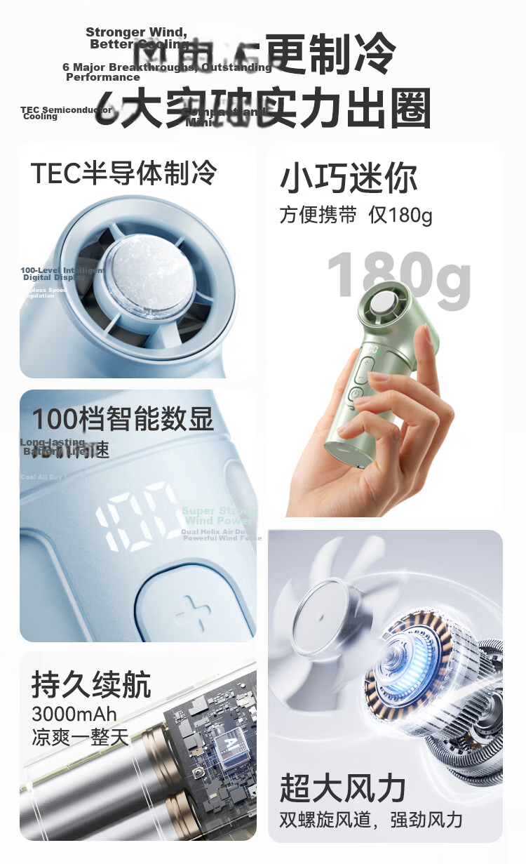 Moxīn [Global Launch | Level 100 Strong Wind] 2026 Upgraded Ice-Cooling Handheld Mini Fan Long Battery Life Portable Neck-Hanging Silent Cooling Device Coconut Green 4