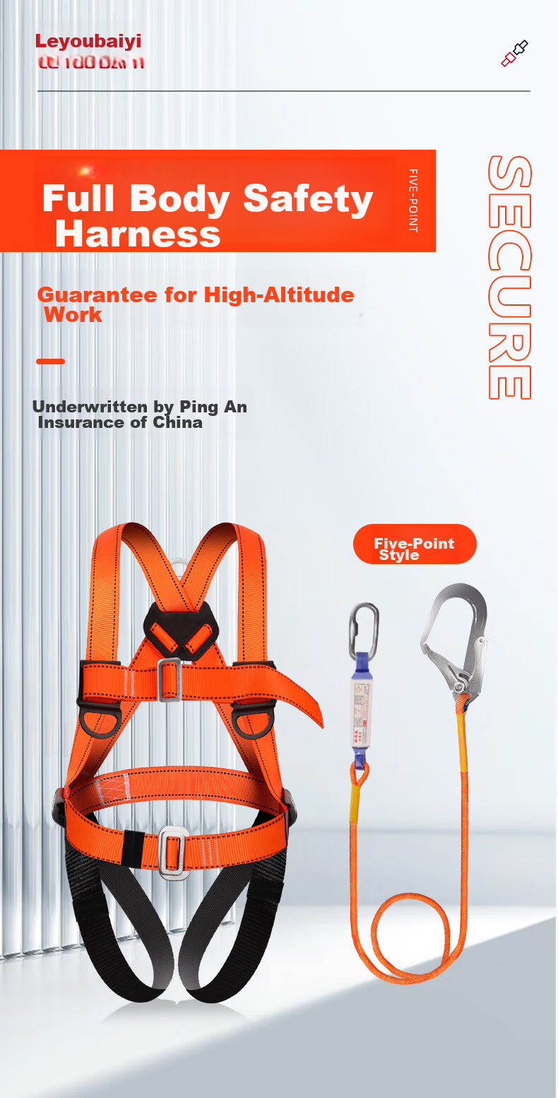 Leyoubaiyi Five-Point Safety Harness with Double Large Hooks 2m + Buffer Pack High-Altitude Work Safety Rope Full-Body Fall Arrest Harness GB6095-2021 1