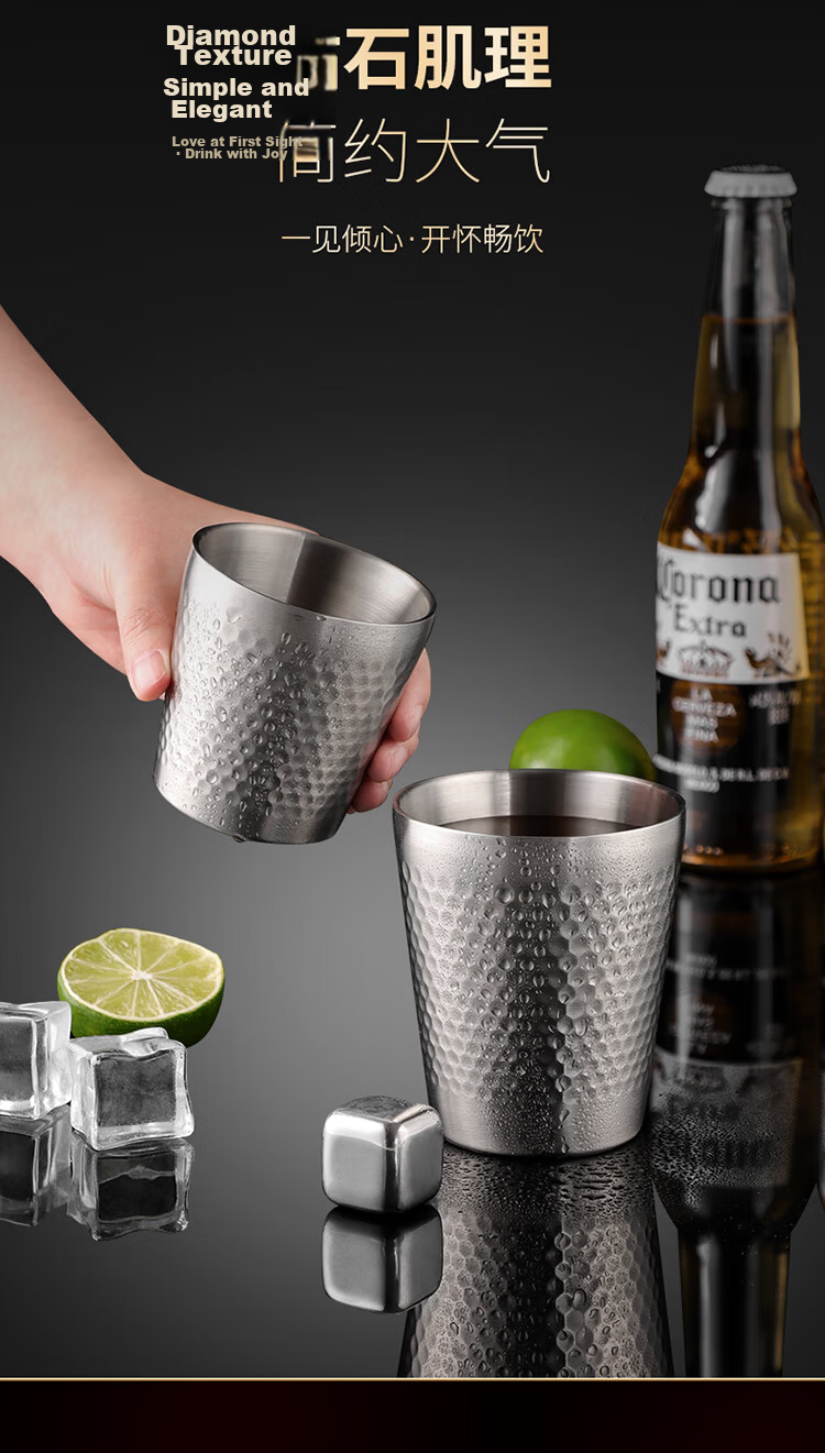 Baijie 304 Stainless Steel Double-Layer Household Water Cup Hotel Hammered Single-Layer Quick Cooling Beer Cup Restaurant Tea Cup 3